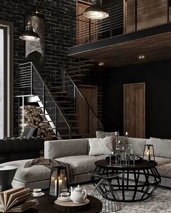 Black Walls industrial living room: This modern loft apartment derives its industrial vibe from its dark walls