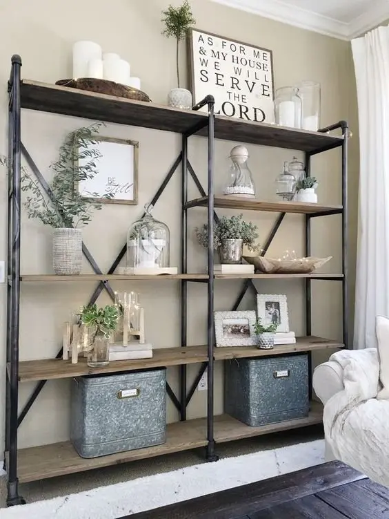 Pipe Shelving industrial living room: Bring in a hint of industrial efficiency and charm with this functional and very sturdy metal pipe