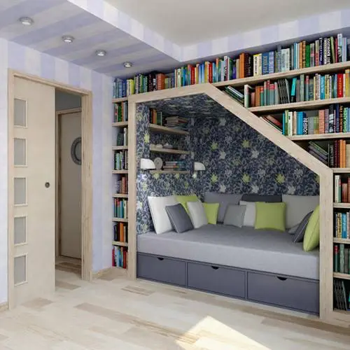 lilac daybed under book shelves