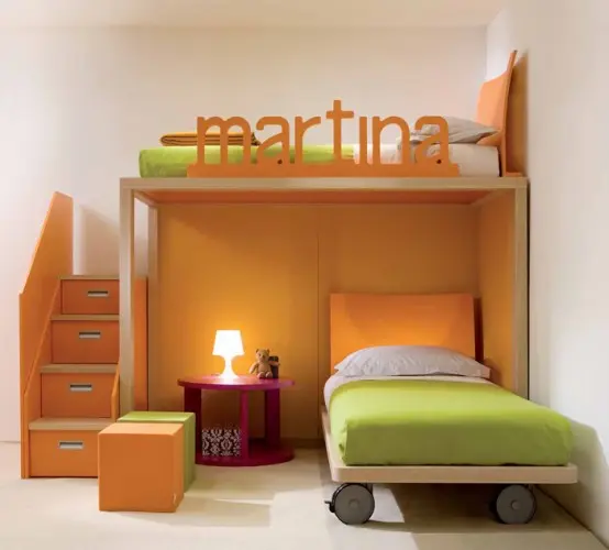 orange bedroom with a loft bed