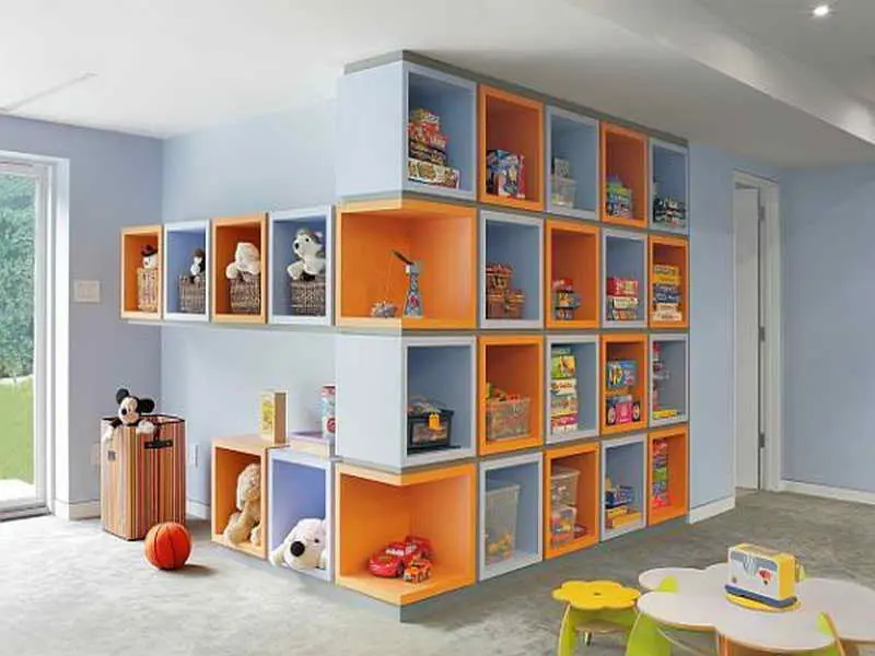 orange and blue built in cube shelves