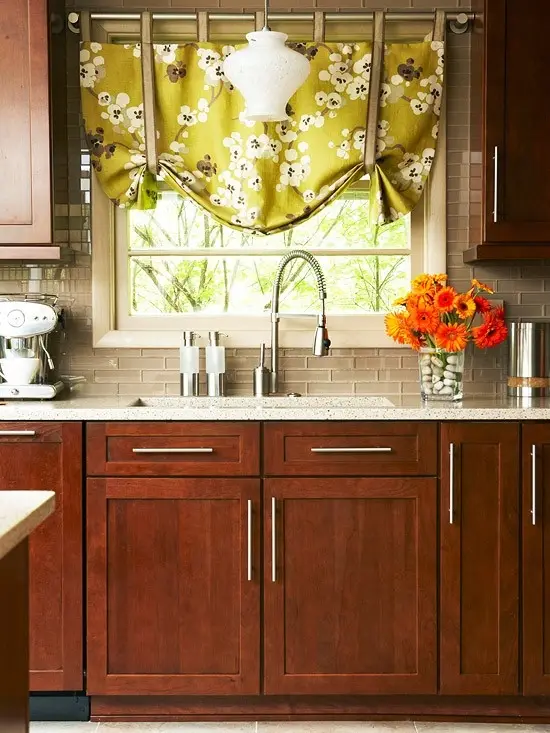 modern kitchen with green curtain