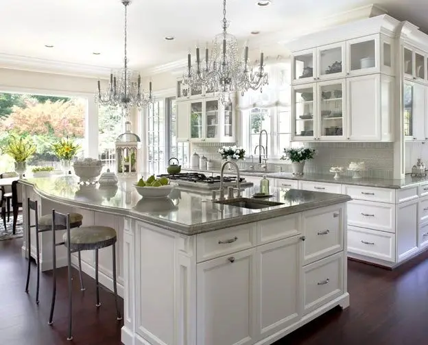 classic kitchen design with chandeliers