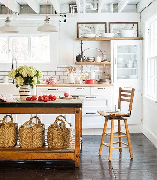 white cottage kitchen with baskets