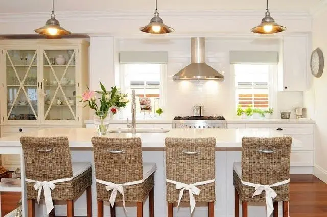 charming kitchen with wicker bar seats