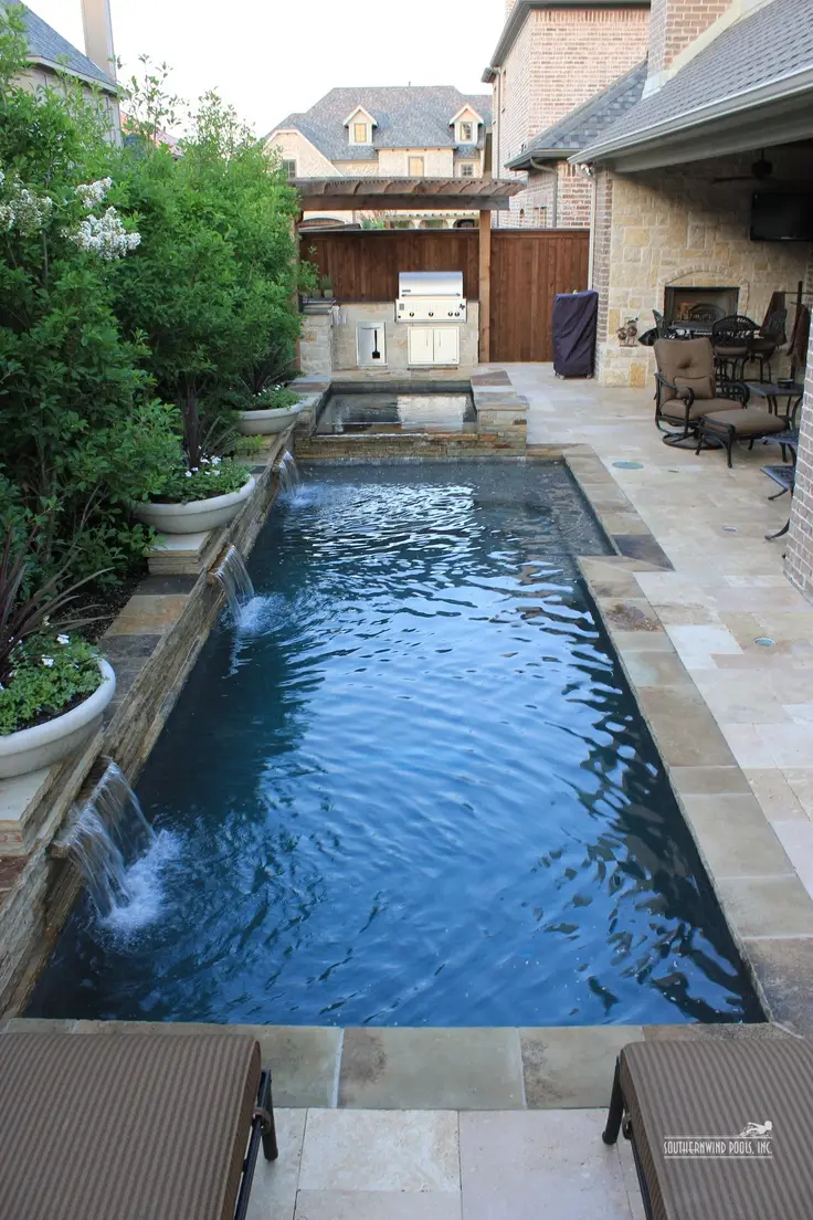 geometric pool with stacked stone edging