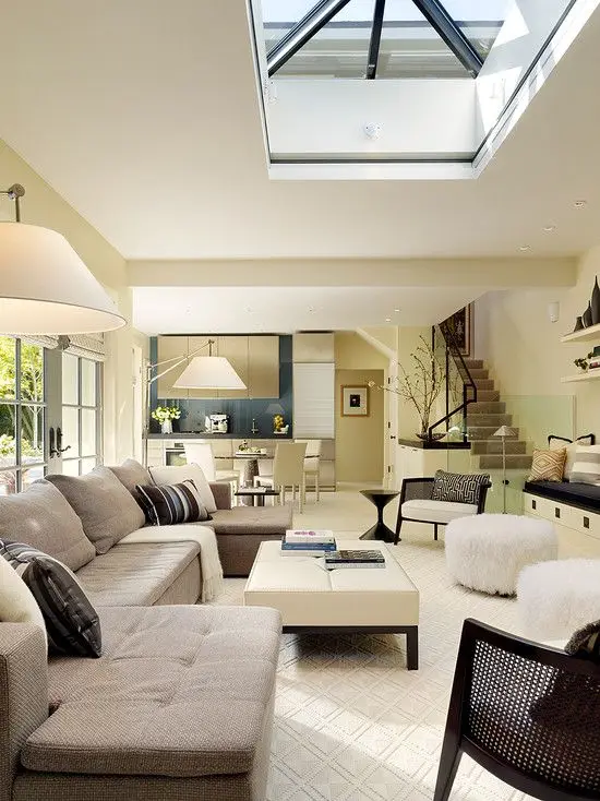 stylish living room with skylight