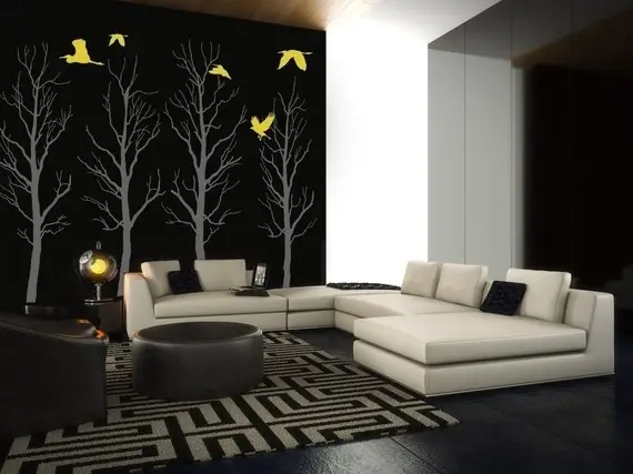 contemporary living room with wall decals