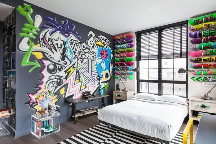 graffiti and skateboards teenage bedroom