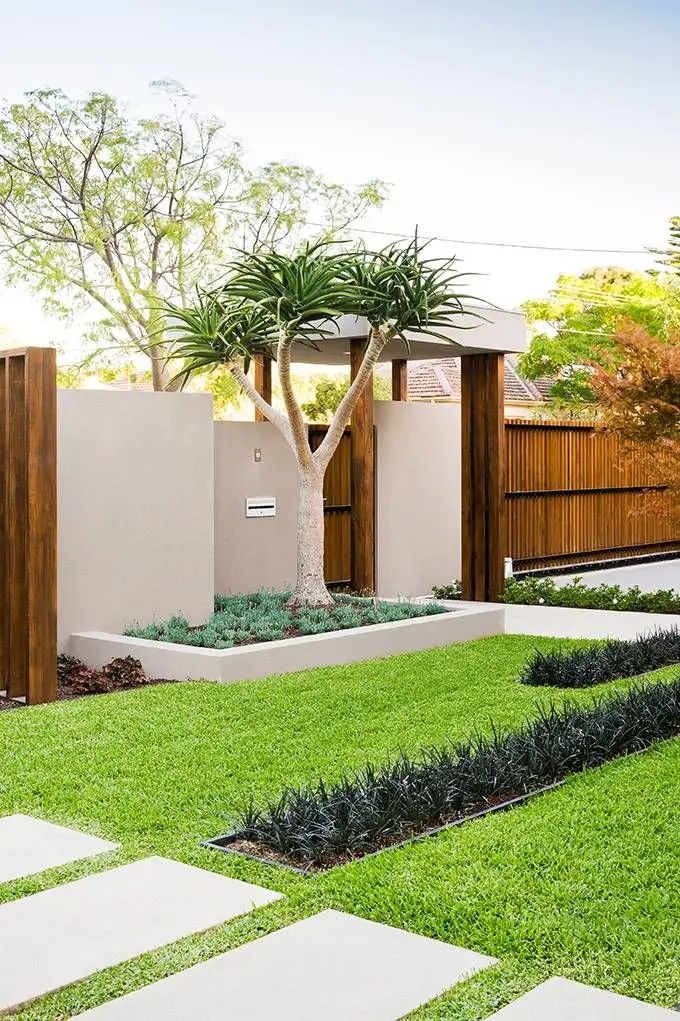 modern front lawn with wood fencing