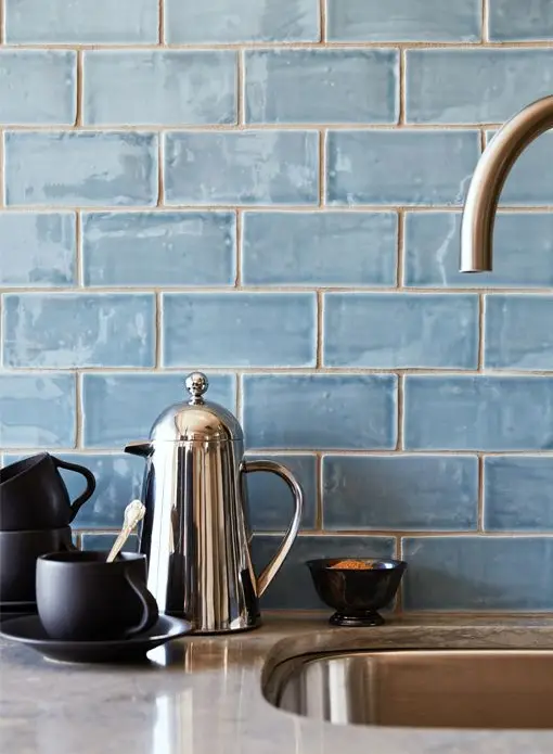 blue handmade tile splashback