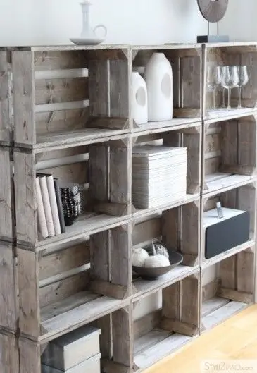 repurposed wooden crate shelves