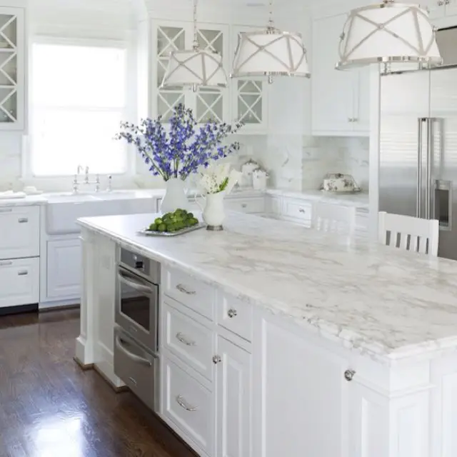 elegant Carrera marble kitchen island