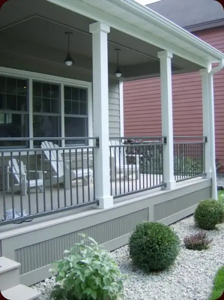 Metal Railing front verandah: Cool neutrals with a chrome railing for the modern edge. Restrained rather than showy, and it