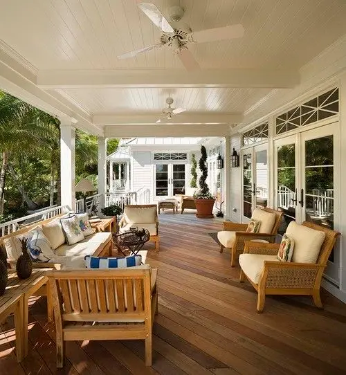 rustic verandah with slanted hardwood floors