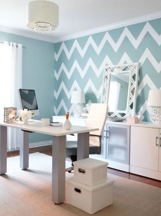 blue and white chevron home office wall