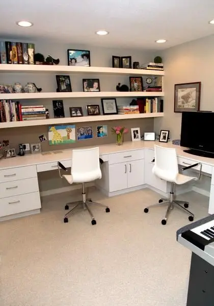 home office with floating shelves