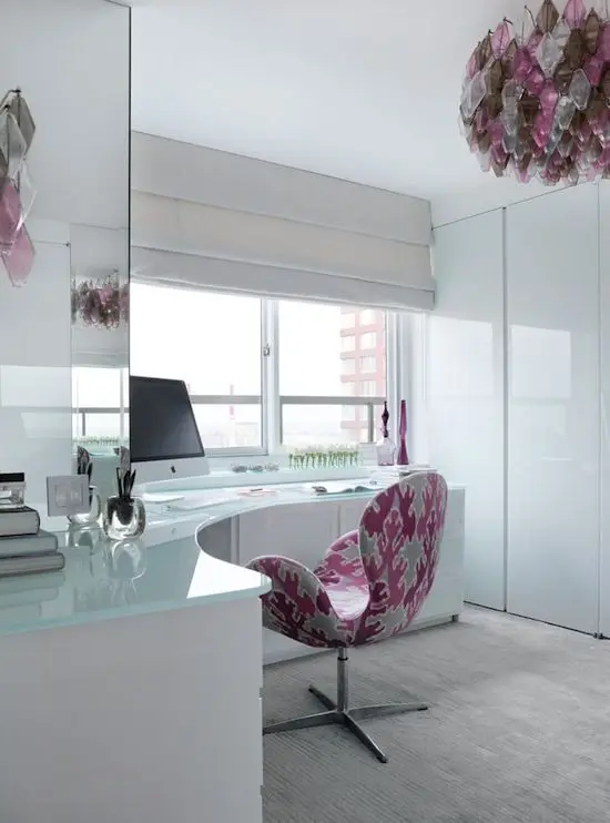 pink and white corner office