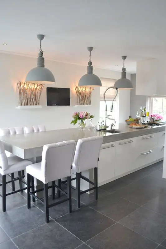 modern white kitchen with light grey counter