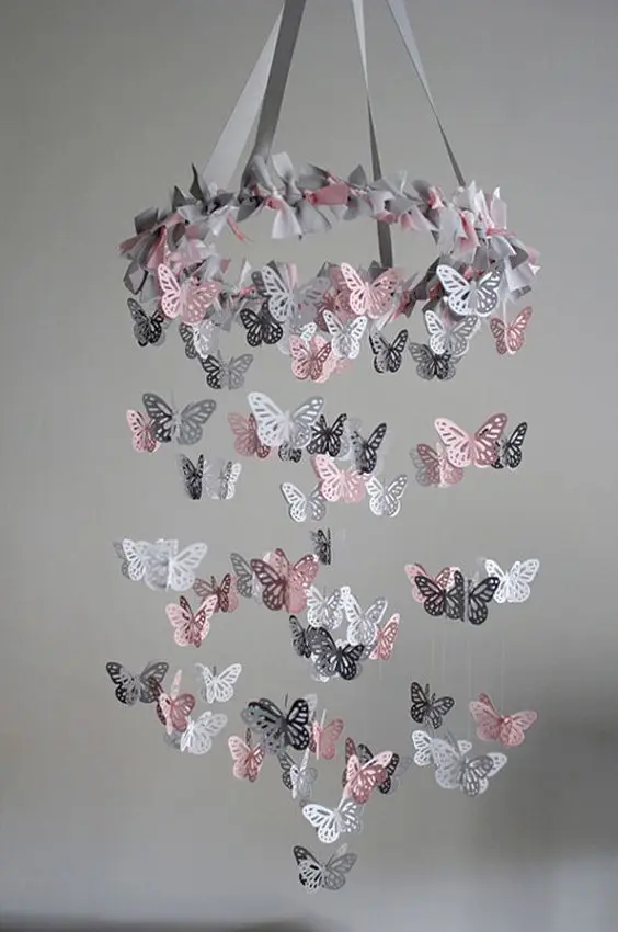 pink and grey butterfly mobile