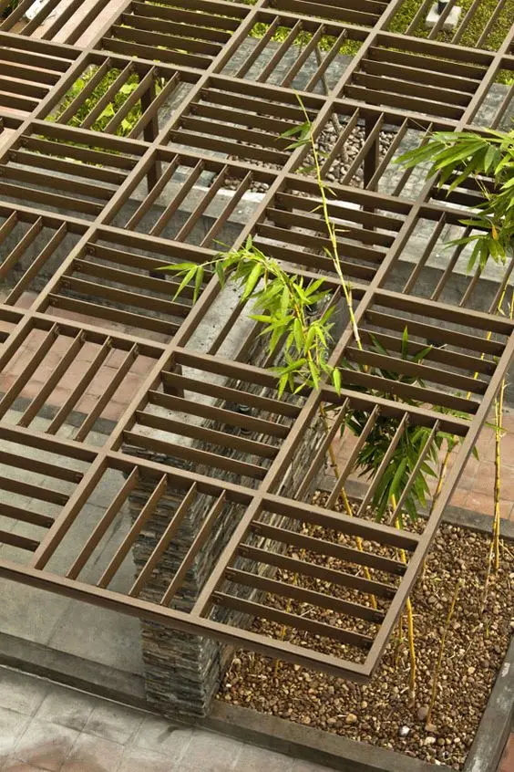 walkway pergola with grid shade