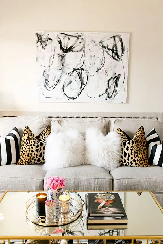 artsy feline themed living room