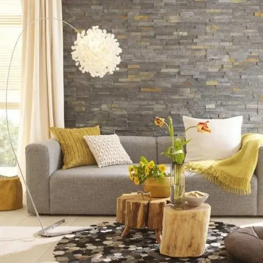 modern grey and yellow living room