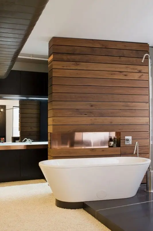 wood paneled bathroom divider