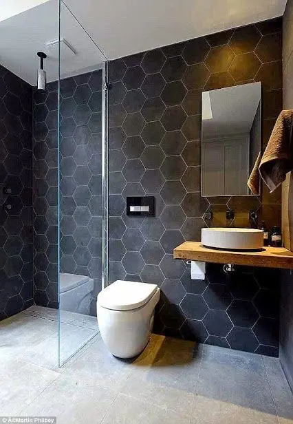 black hexagon bathroom tiles