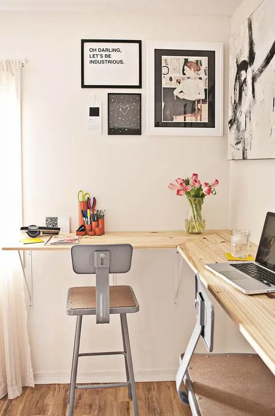 corner home office with high chairs