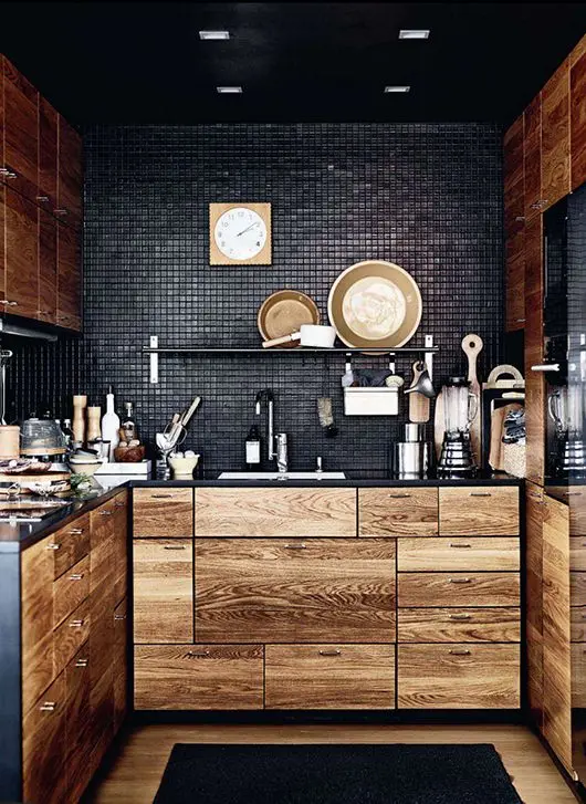 wood and black tile kitchen