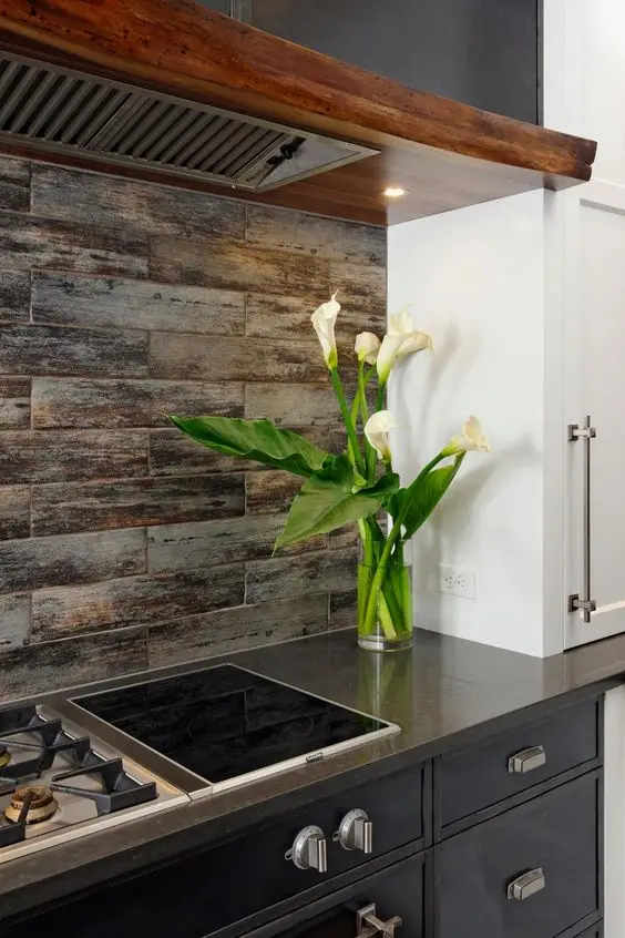 wood themed ceramic tile backsplash