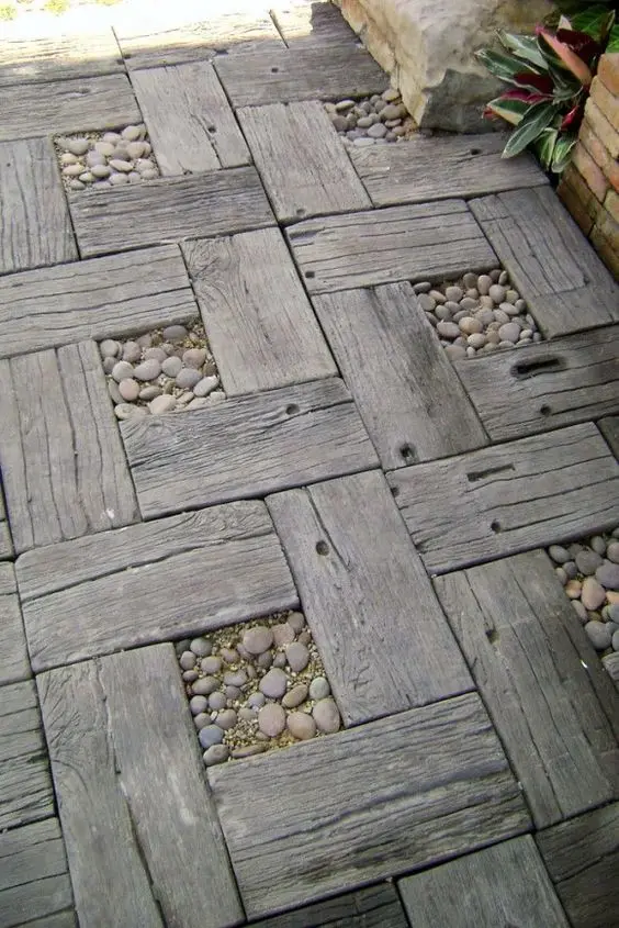 wood and peeble garden pavers