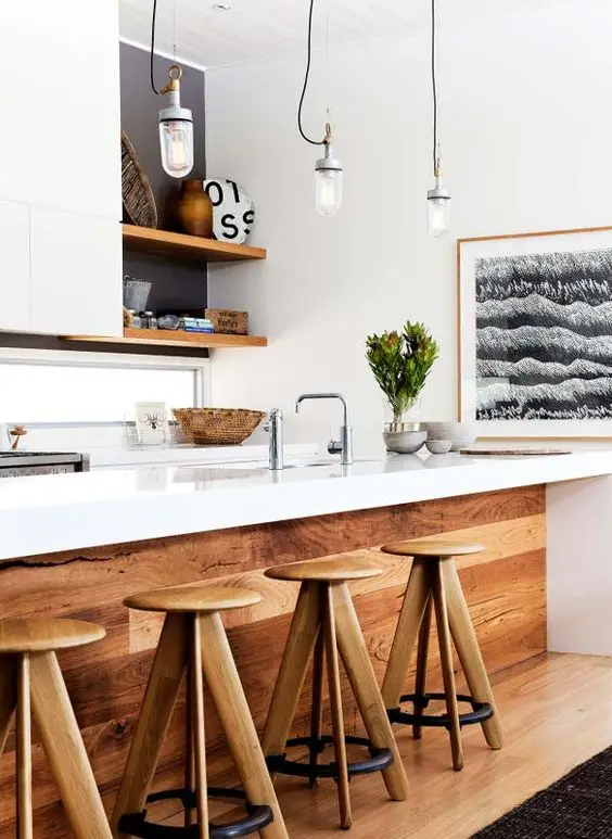 modern kitchen with rustic bar and stools