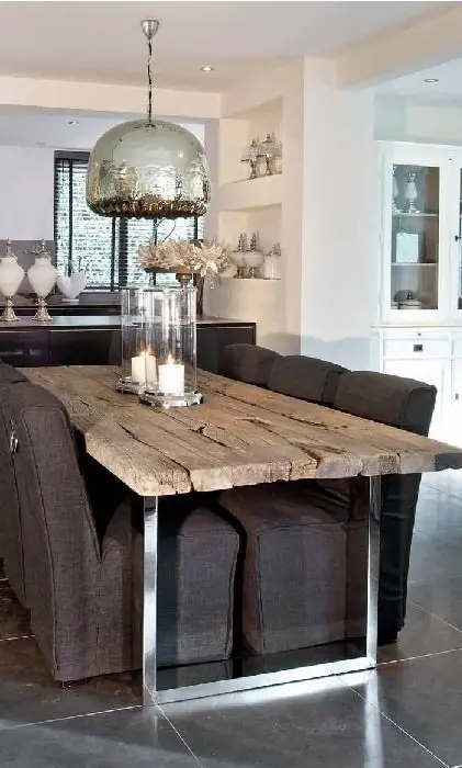 rough wood and metal dining table