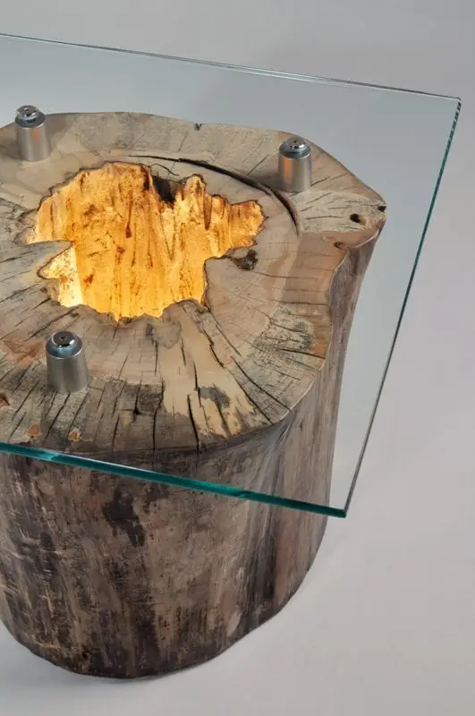 wood and glass centre table with light