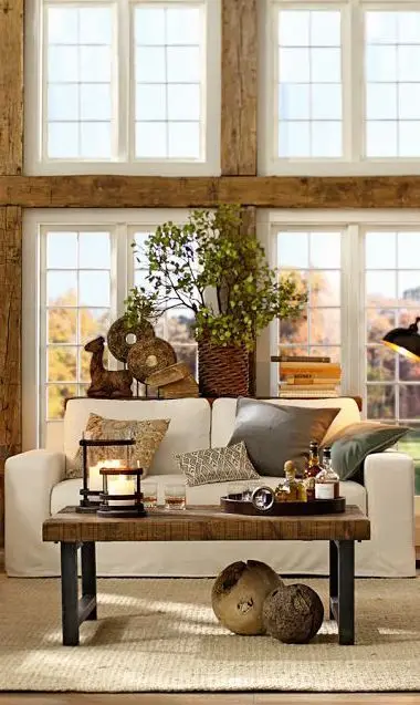 classic living room with wood beams