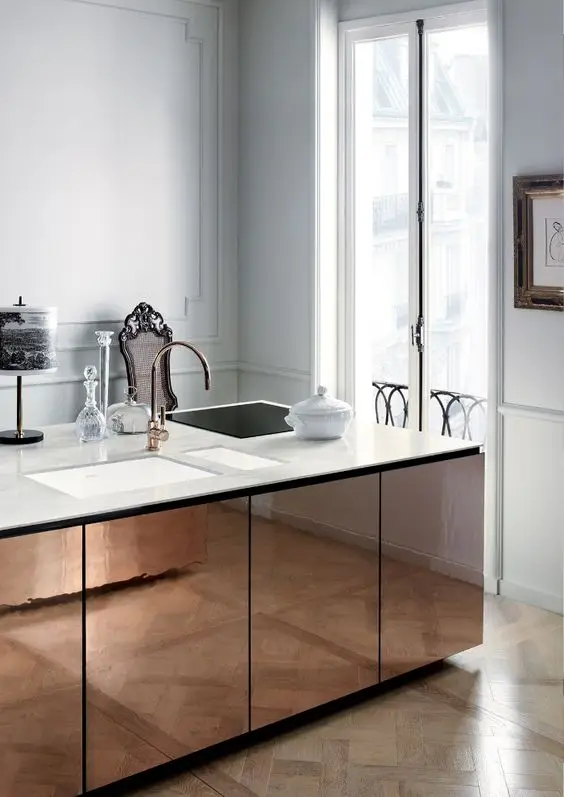 white and copper modern kitchen island