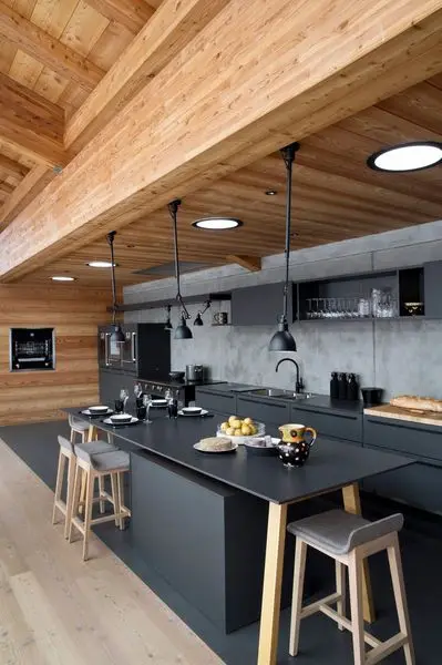 minimalist black and wood kitchen