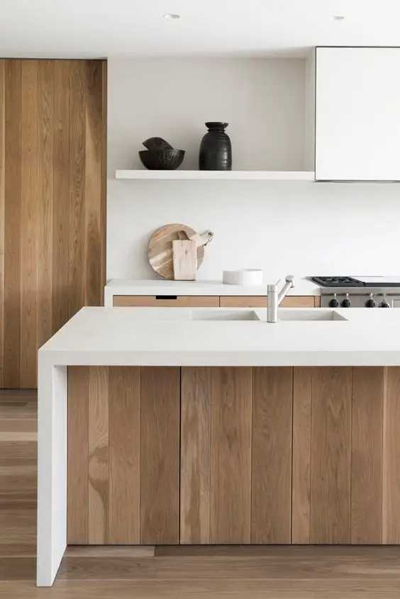 minimalist white and wood kitchen