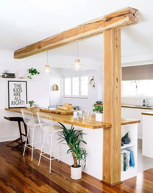 Bohemian style kitchen with wood beam