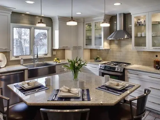 classy kitchen with pentagon shaped island
