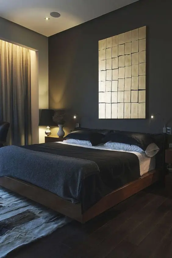 Dark Minimalist master bedroom: This Zen inspired dark bedroom is fashionable, beautiful, and efficient. No room for fluff