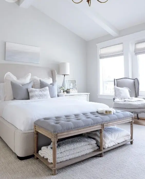 white and grey master bedroom