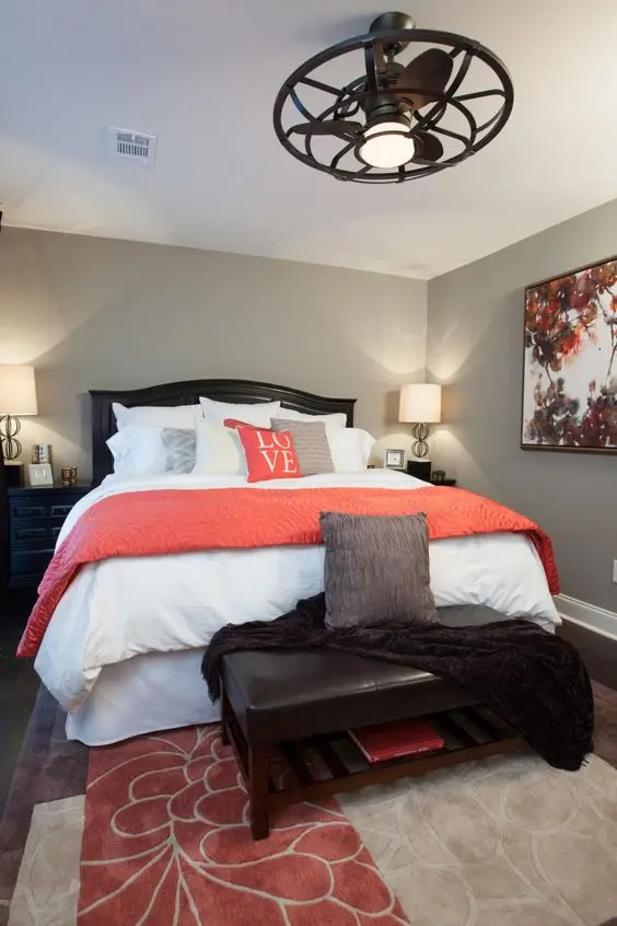 coral and brown master bedroom