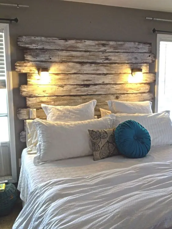 master bedroom with wood plank headboard