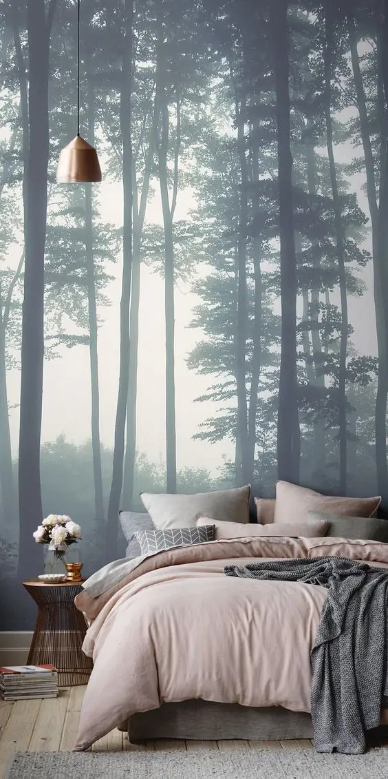 Dramatic Murals master bedroom: A special room deserves an extraordinary mural. This misty forest art piece opens up the