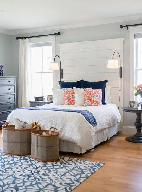Adorable Farmhouse Bedroom: Charming, clean, down-to-earth. Basic whites, complemented with splashes of blue. Special