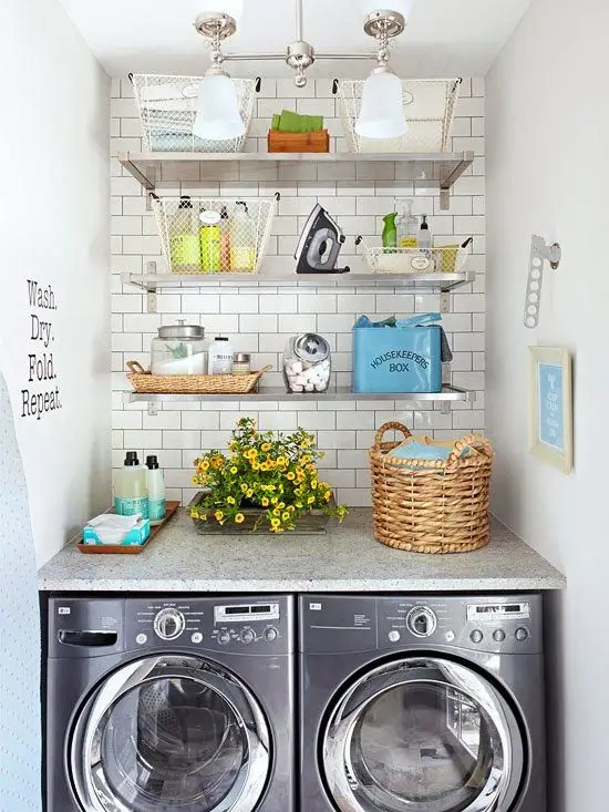 Floating Shelves small laundry: Keep your small laundry room open with these floating shelves. The chrome material also