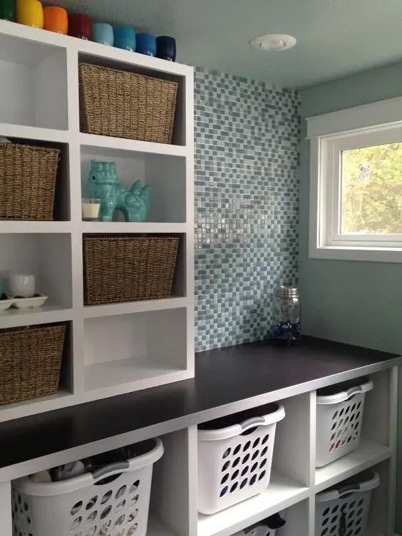laundry room organising shelves and baskets